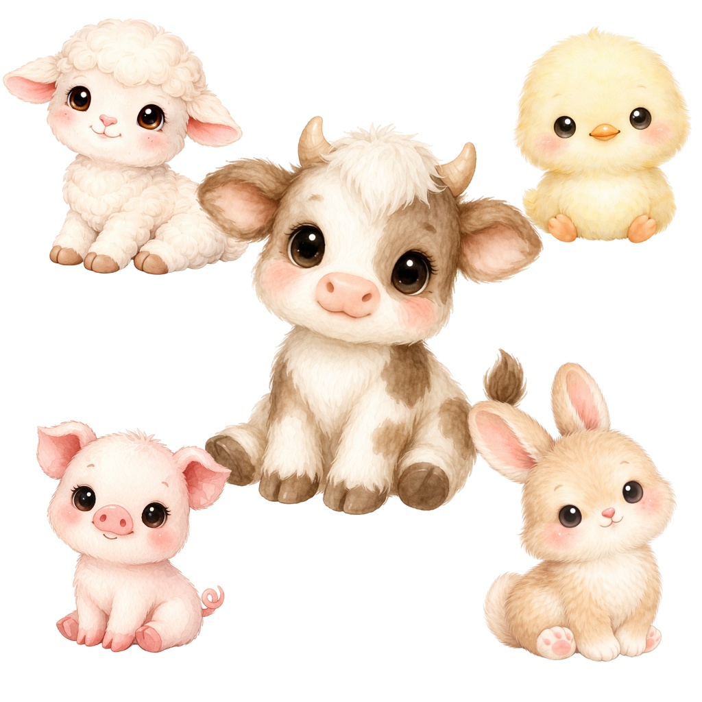 水彩画風の牧場動物の赤ちゃんクリップアート10点セット[10 Watercolor Baby Farm Animals Clipart Bundle]