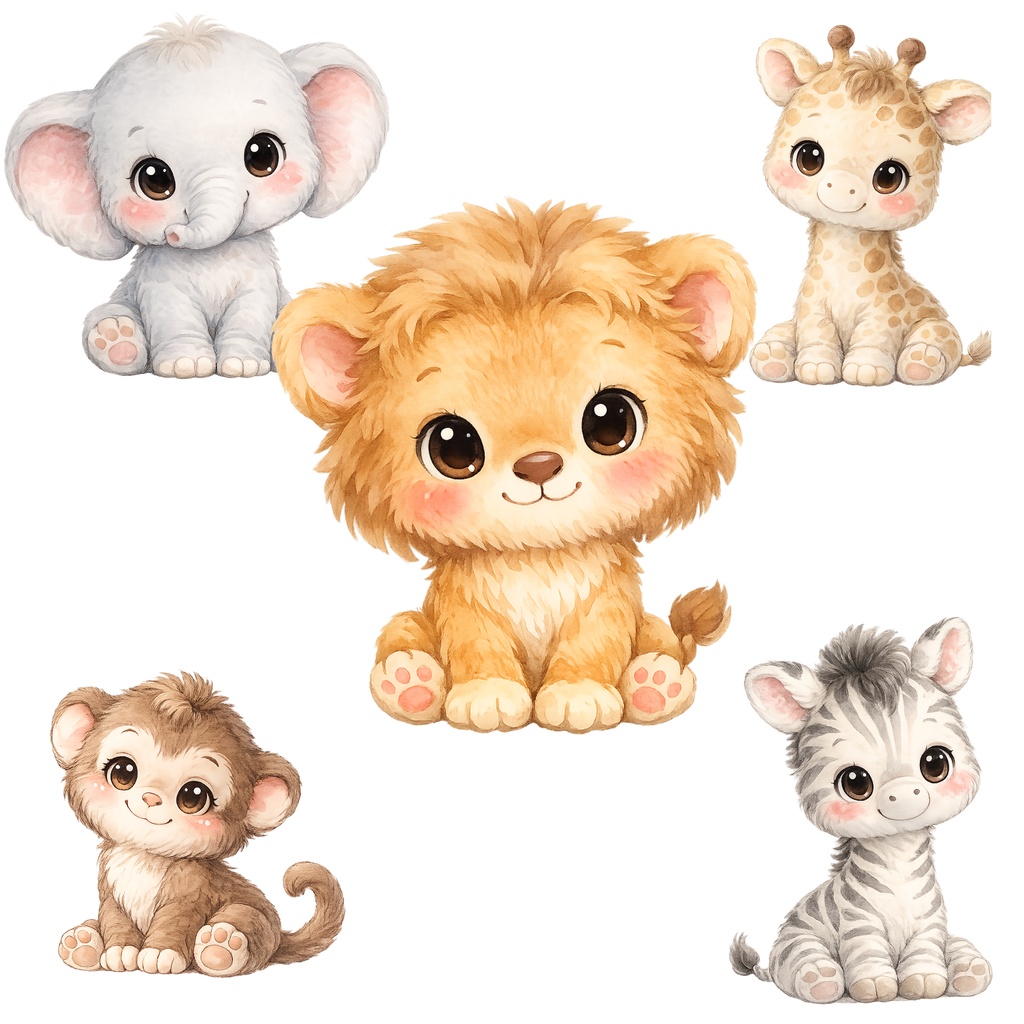 水彩画風の赤ちゃんサファリ動物クリップアート10点セット[10 Watercolor Baby Safari Animals Clipart Bundle]