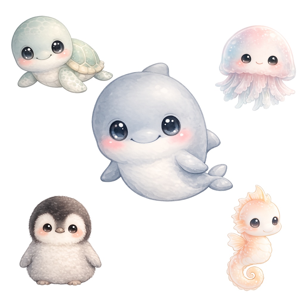 水彩画風の赤ちゃん海洋動物クリップアート10点セット[10 Watercolor Baby Ocean Animals Clipart Bundle]