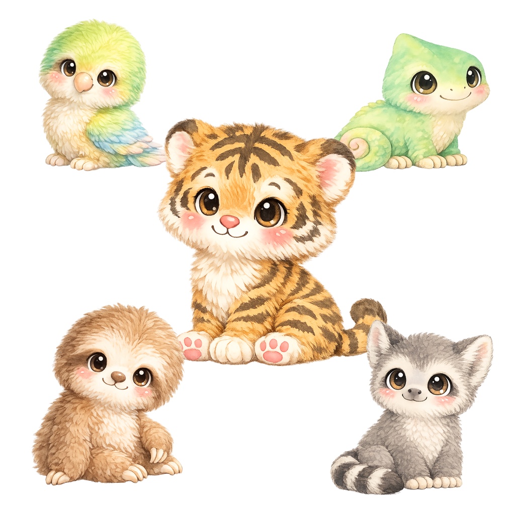 水彩画風の赤ちゃんジャングルアニマル10点セット[10 Watercolor Baby Jungle Animals Clipart Bundle]