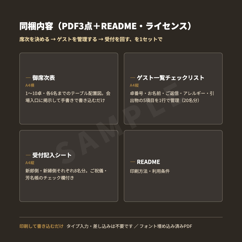 結婚式 手作り席次表テンプレート|御席次表・ゲスト一覧チェックリスト・受付記入シート(A4・PDF3点)