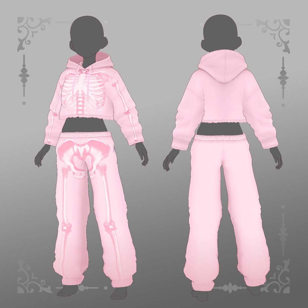 VRoid ピンクスケルトン スウェットパンツとパーカーのセット / VRoid Pink Skeleton Sweatpants and Hoodie Set