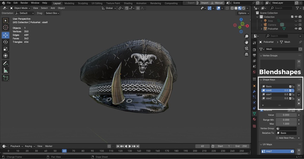 あらゆる体型にフィットするブレンドシェイプを備えた VRChat 用ゴシックポリスハット / Gothic Police Hat for VRChat with Blendshapes to fit any body type