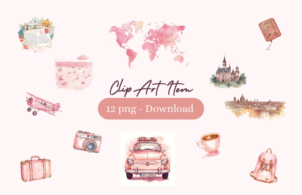 🌸 アンティーク ピンク 旅行 クリップアート – 水彩画風（全12種 PNG）