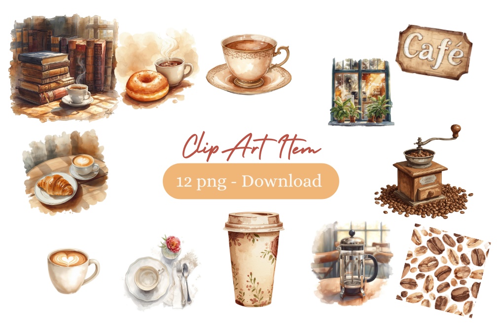 アンティークカフェ クリップアートセット(12種・水彩風PNG)