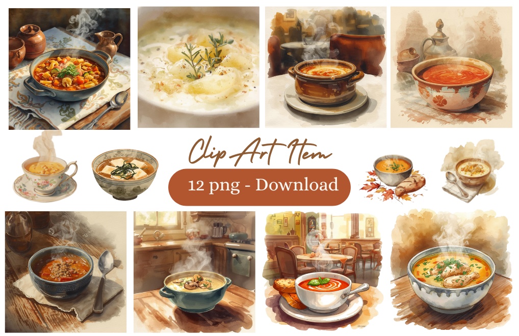 あたたかいスープのクリップアートコレクション（アンティーク水彩風 12 PNG）