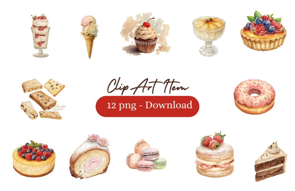 アンティーク調 デザート クリップアートセット – 水彩画風 スイーツコレクション (12 PNG)