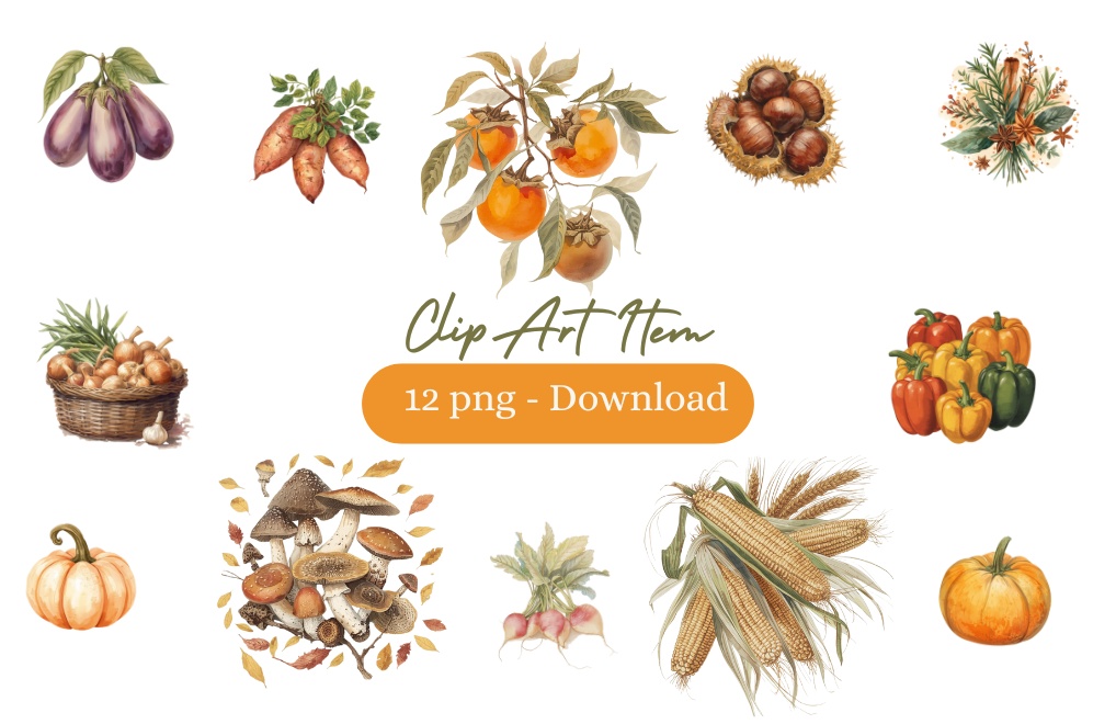 アンティーク 秋野菜 – 水彩画風 クリップアートコレクション (12 PNG)