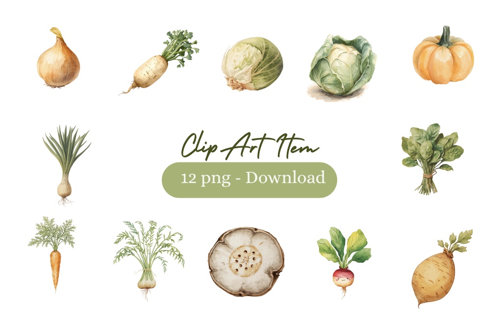 Winter Vegetables Watercolor Clipart Set - アンティークな冬野菜の水彩クリップアート（12種・PNG）