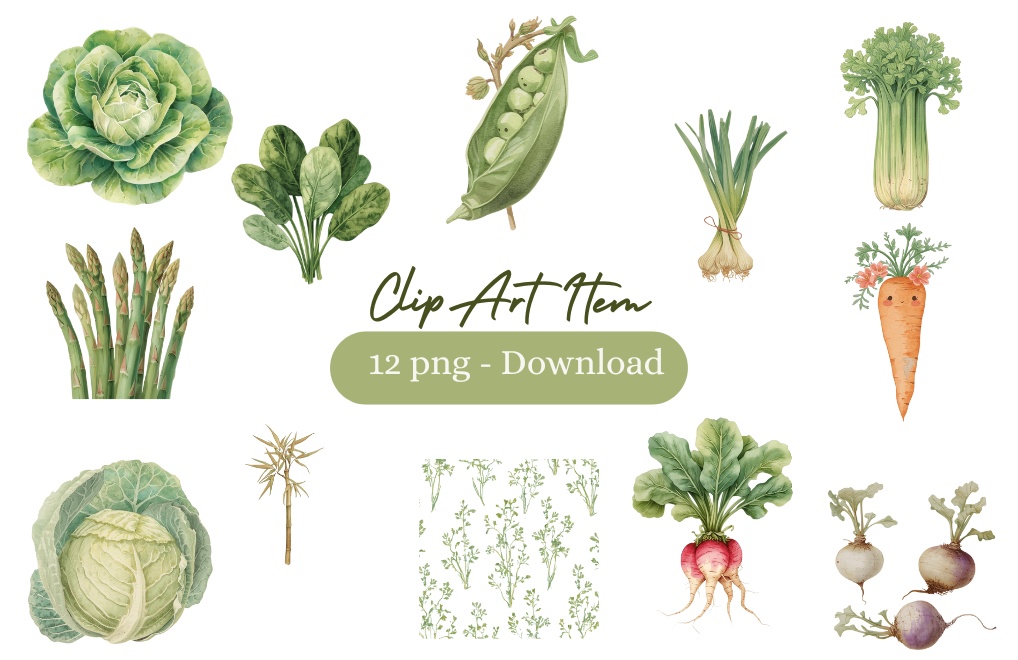 アンティーク春野菜 水彩クリップアートコレクション（全12種類）
