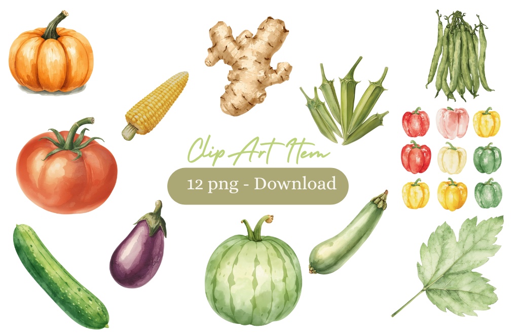 アンティーク夏野菜 水彩クリップアートコレクション（全12種類）