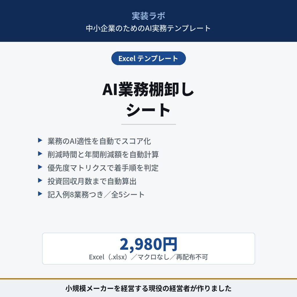 中小企業のためのAI業務棚卸しシート｜どの業務からAIを入れるかを、感覚ではなく数字で決めるExcel【自動計算・ROI試算つき】