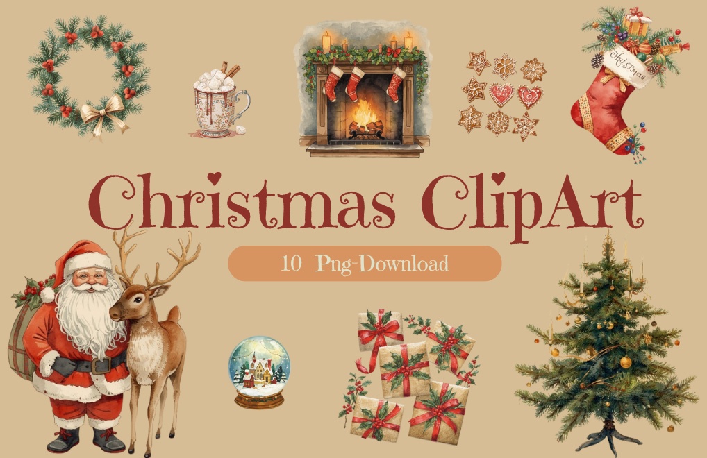 クリスマス クリップアート素材セット｜かわいいアンティーク風イラスト10点（背景透過PNG/AI）