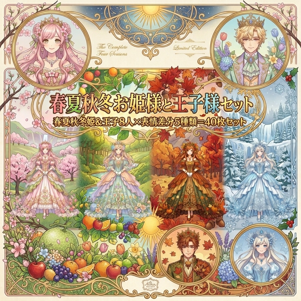 AIキャラ素材集 春夏秋冬お姫様と王子様立ち絵40枚セット(表情差分5種)
