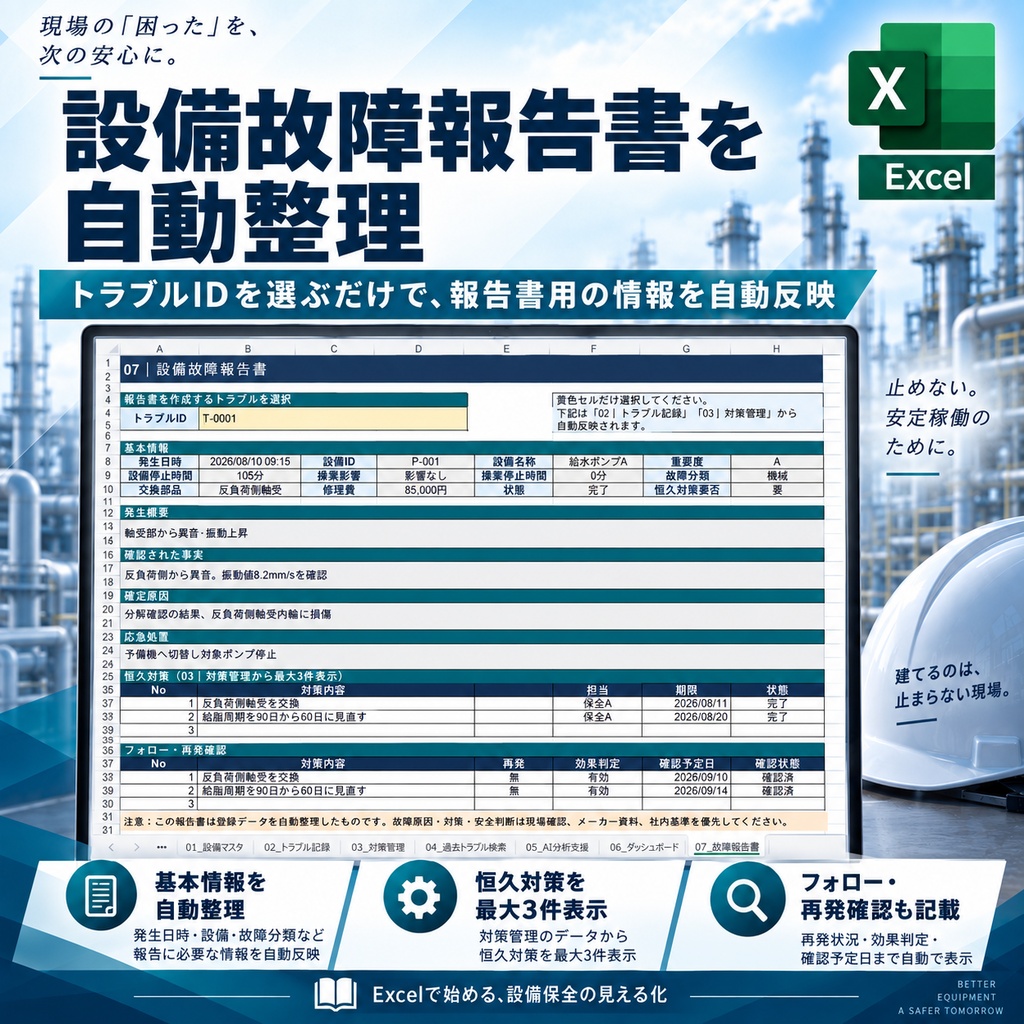設備トラブル対応・再発防止Manager|設備保全Excelテンプレート