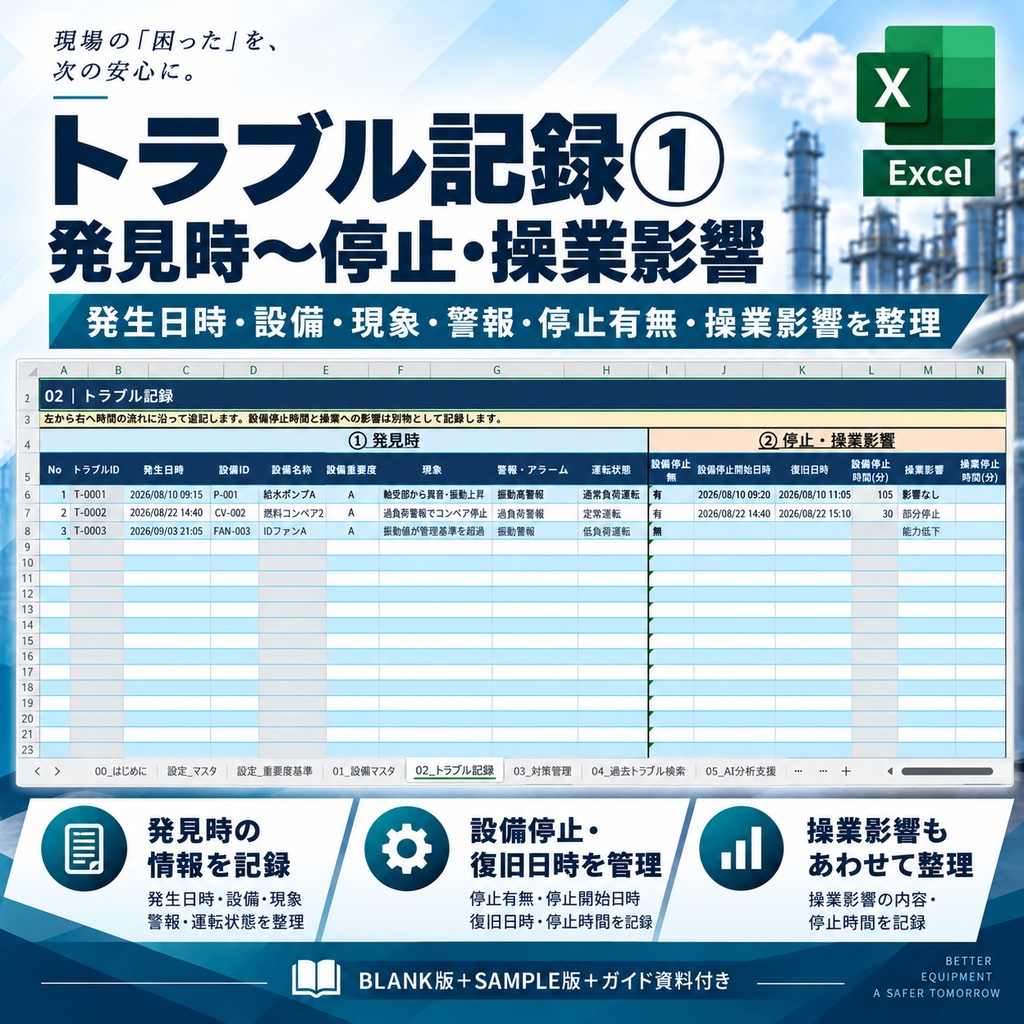 設備トラブル対応・再発防止Manager|設備保全Excelテンプレート