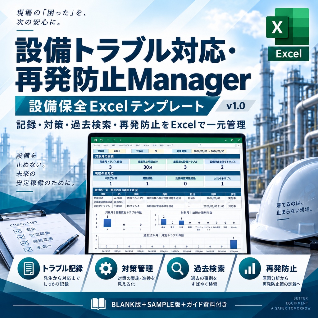 設備トラブル対応・再発防止Manager｜設備保全Excelテンプレート