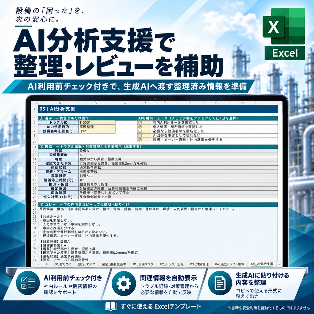 設備トラブル対応・再発防止Manager|設備保全Excelテンプレート