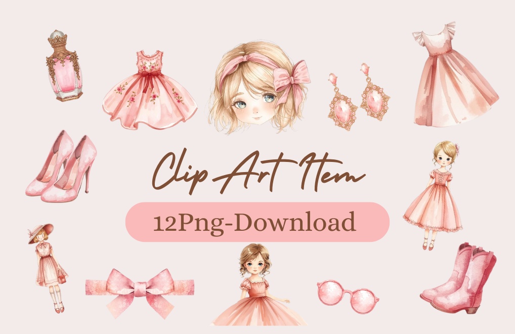 🌸 アンティークピンクの水彩クリップアート素材セット（全12点・PNG背景透過）