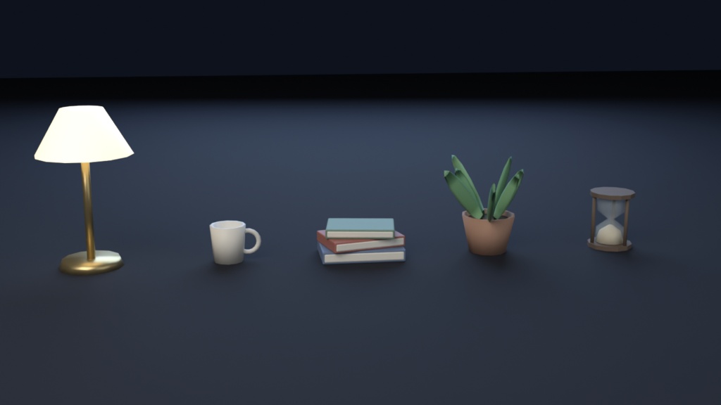 ローポリ3D小物 5点セット 夜の書斎/VRChat Blender Unity 対応 GLB FBX/机 ランプ 本 デスク周り 家具/低ポリ ローポリゴン 商用利用可