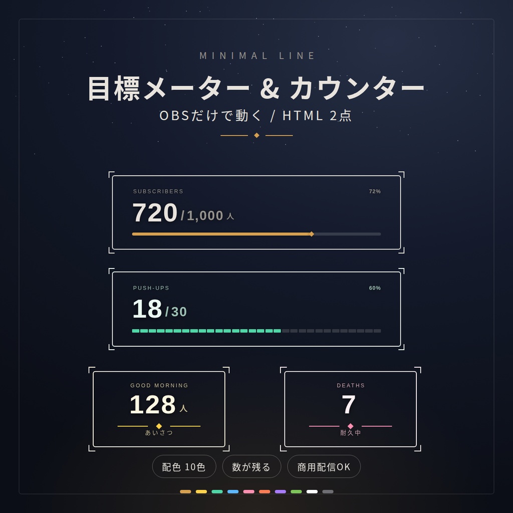 配信用 目標メーター & カウンター【OBSだけで完結 / 登録者・スパチャ・あいさつ・耐久 / HTML2点 / 商用配信OK】
