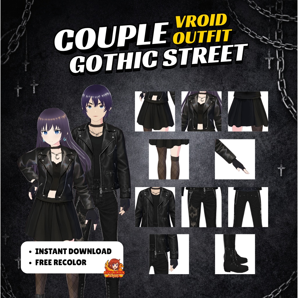 VRoid Couple Gothic Outfit | Black Leather Streetwear (Digital Download)