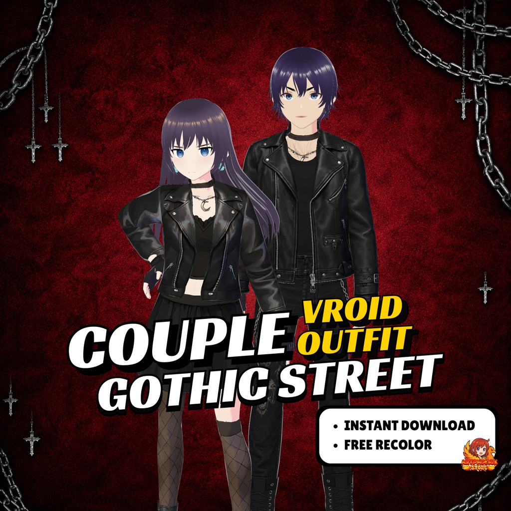 VRoid Couple Gothic Outfit | Black Leather Streetwear (Digital Download)