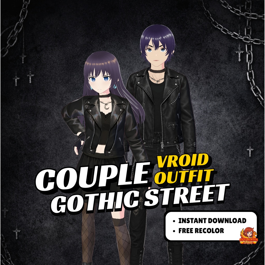 VRoid Couple Gothic Outfit | Black Leather Streetwear (Digital Download)