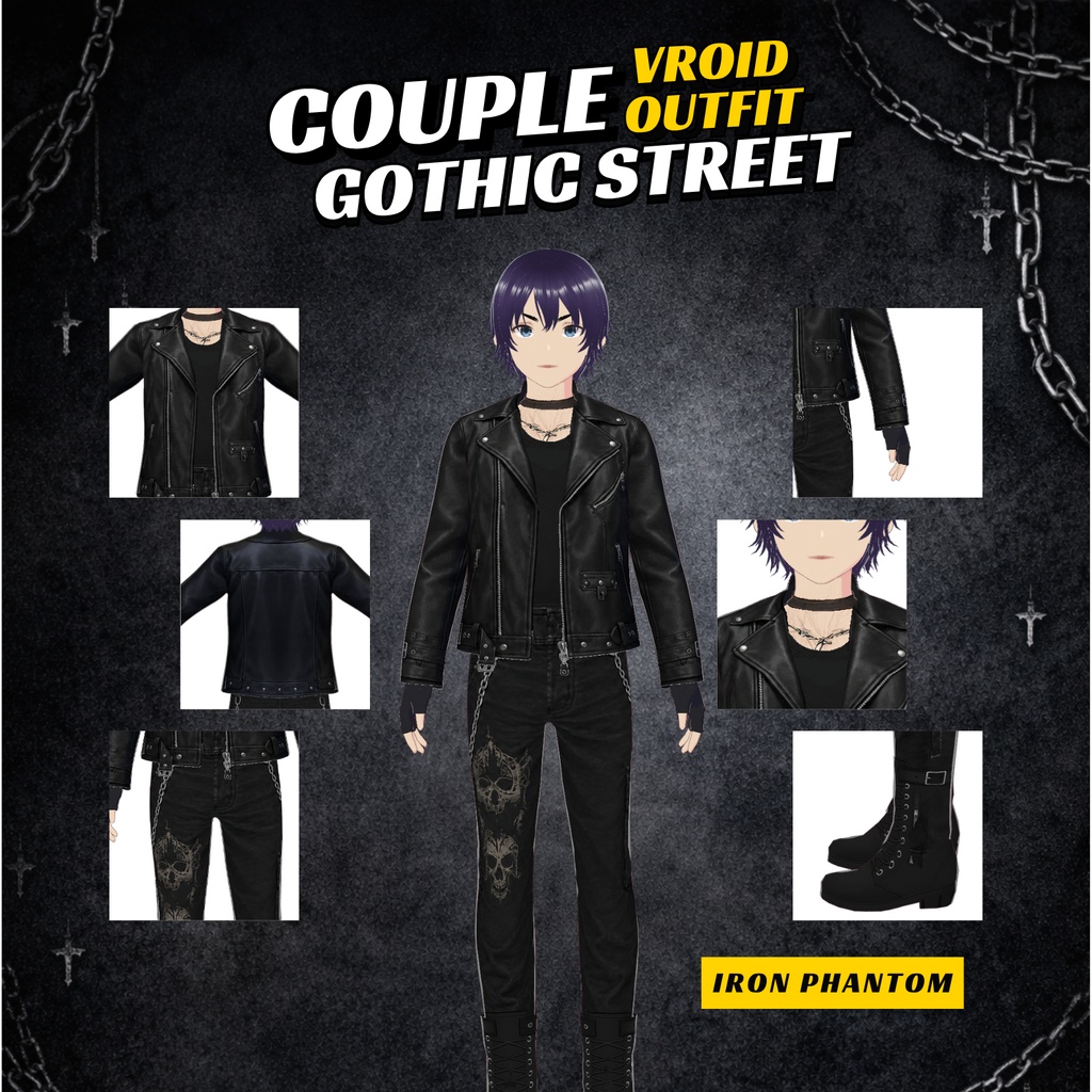VRoid Couple Gothic Outfit | Black Leather Streetwear (Digital Download)