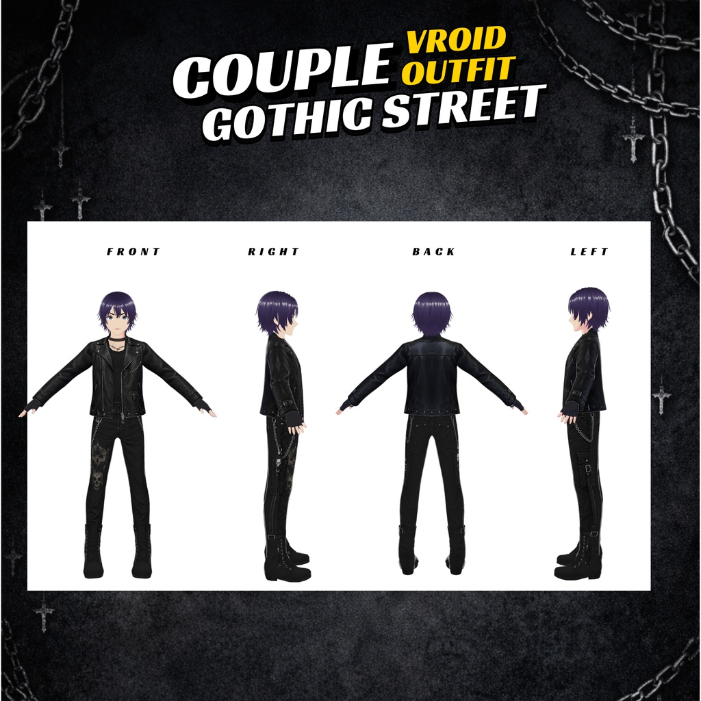 VRoid Couple Gothic Outfit | Black Leather Streetwear (Digital Download)