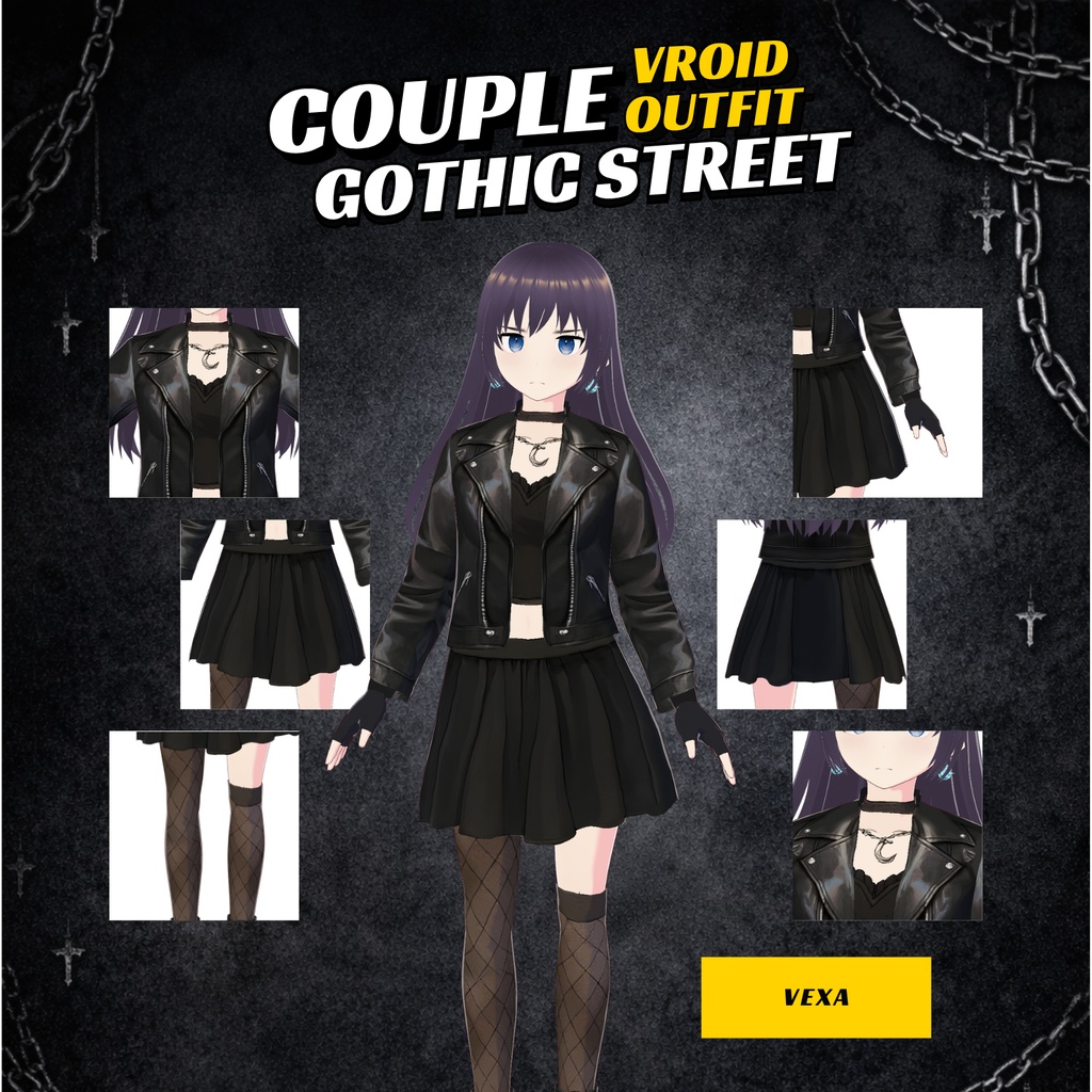VRoid Couple Gothic Outfit | Black Leather Streetwear (Digital Download)