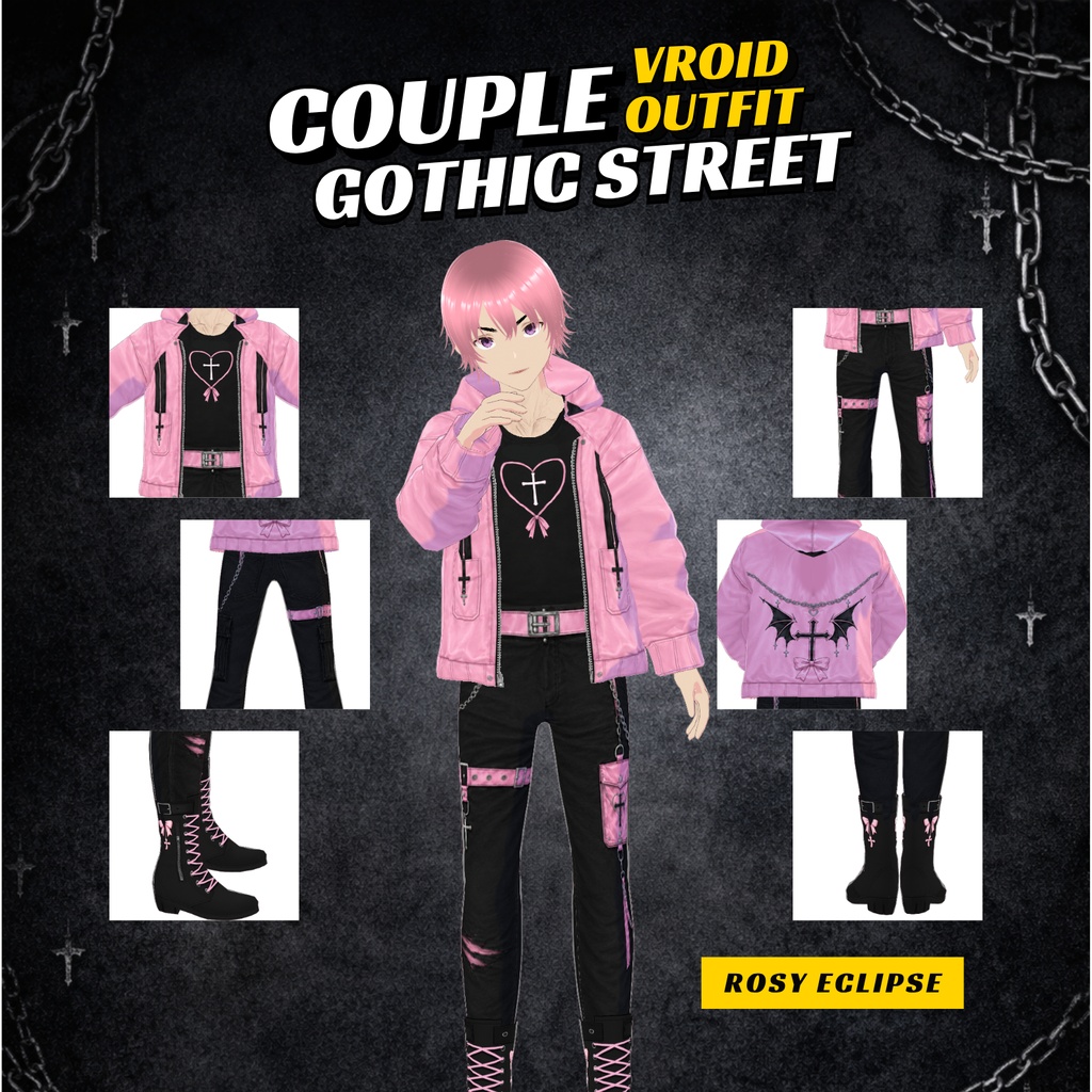 VRoid Couple Gothic Street Outfit | Pink Tartan Halloween VTuber Fashion (Digital Download)