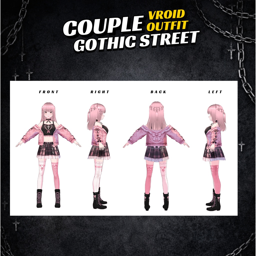 VRoid Couple Gothic Street Outfit | Pink Tartan Halloween VTuber Fashion (Digital Download)