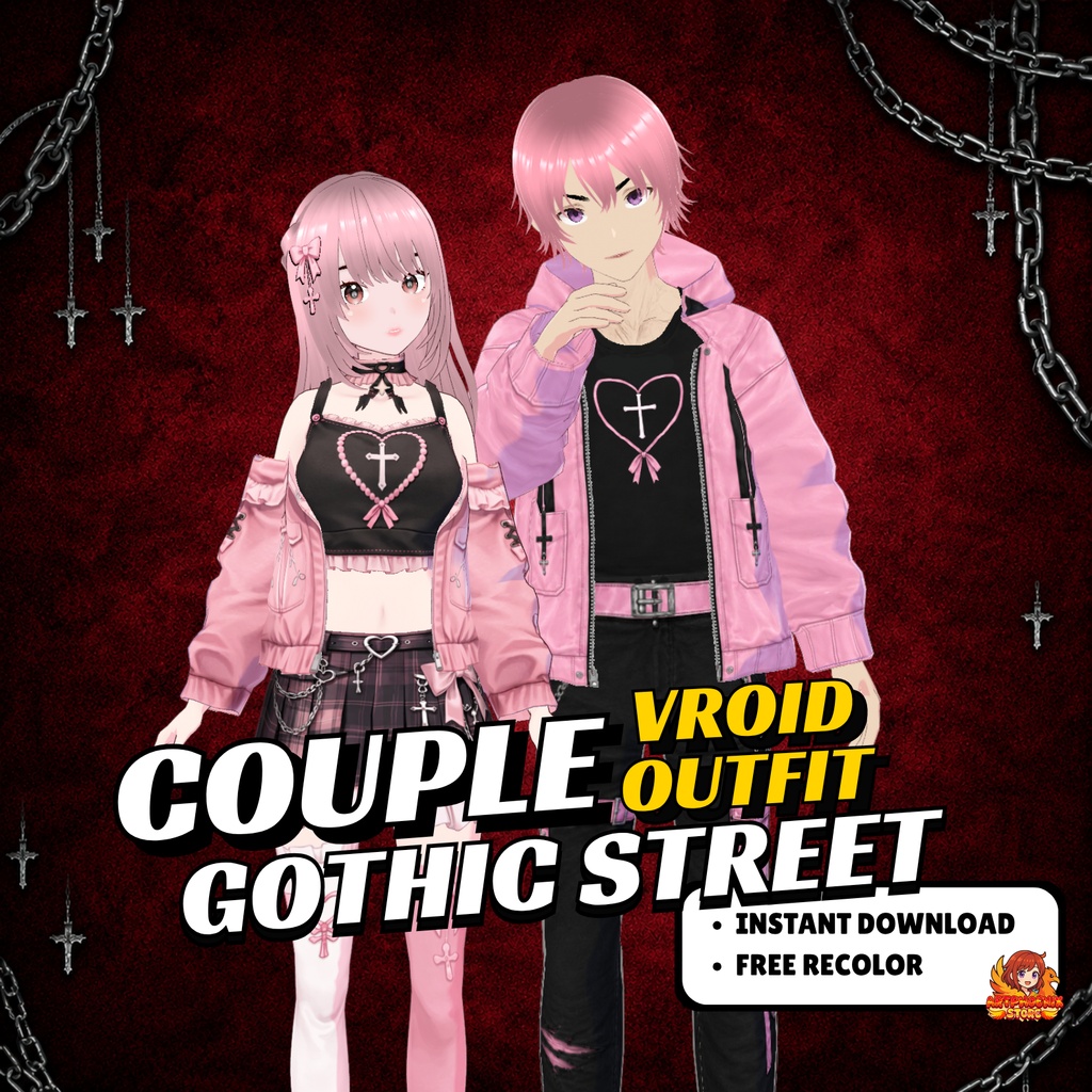 VRoid Couple Gothic Street Outfit | Pink Tartan Halloween VTuber Fashion (Digital Download)
