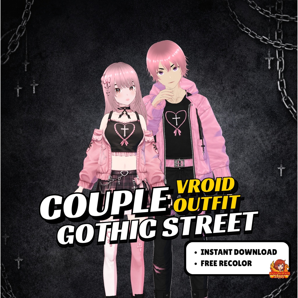 VRoid Couple Gothic Street Outfit | Pink Tartan Halloween VTuber Fashion (Digital Download)
