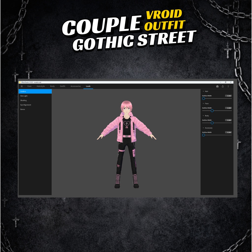 VRoid Couple Gothic Street Outfit | Pink Tartan Halloween VTuber Fashion (Digital Download)