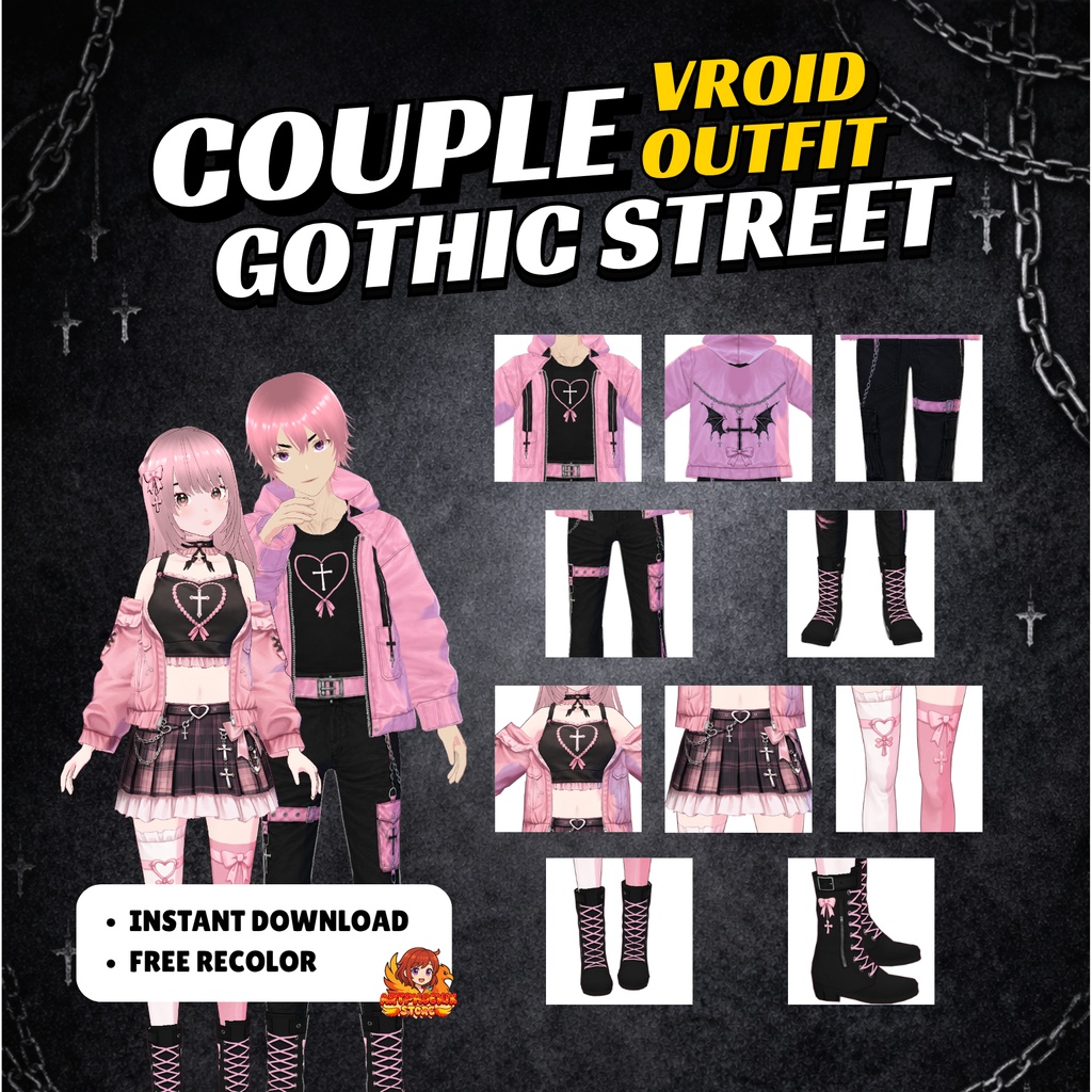 VRoid Couple Gothic Street Outfit | Pink Tartan Halloween VTuber Fashion (Digital Download)