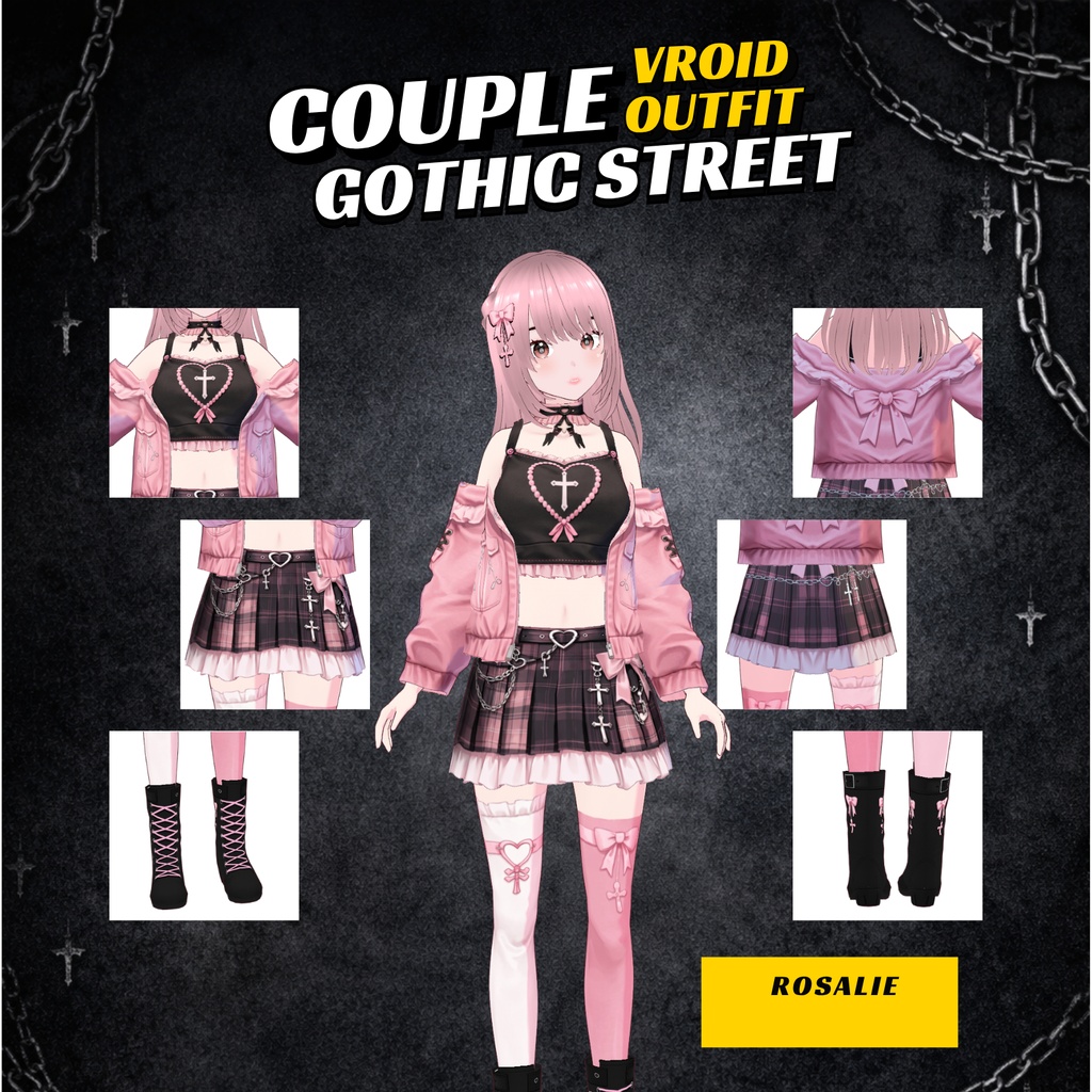 VRoid Couple Gothic Street Outfit | Pink Tartan Halloween VTuber Fashion (Digital Download)