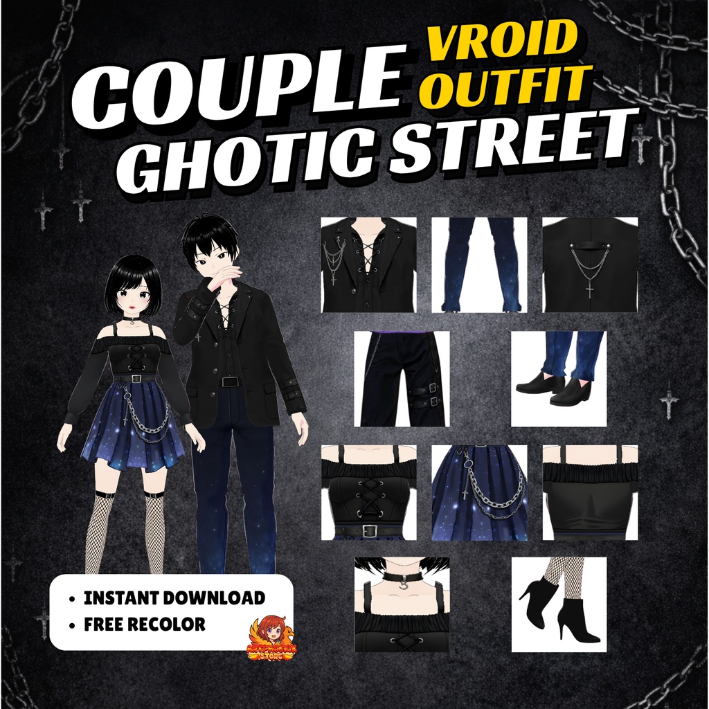 VRoid Goth Clothes Street Couple Outfit | Dark Fantasy VTuber Fashion (Digital Download)