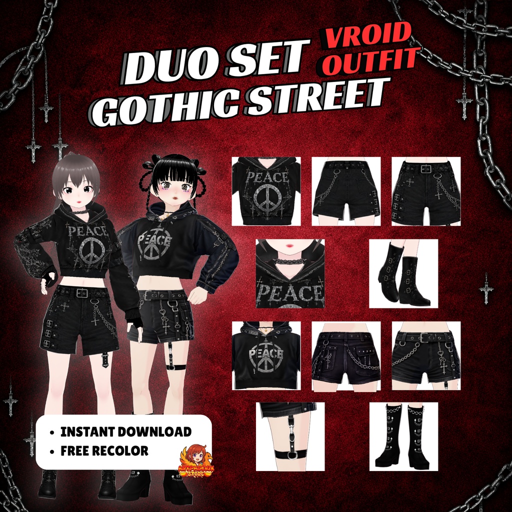 VRoid Duo Peace Gothic Street Outfit | Matching Avatar Fashion (Digital Download)