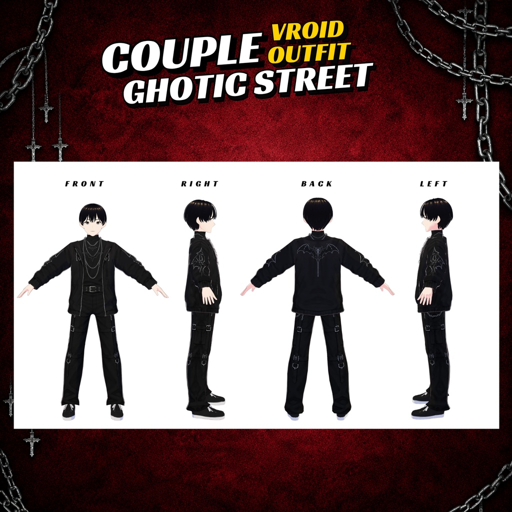 Couple VRoid Gothic Street Outfit | Bat Motif, Chains, VTuber Fashion (Digital Download)