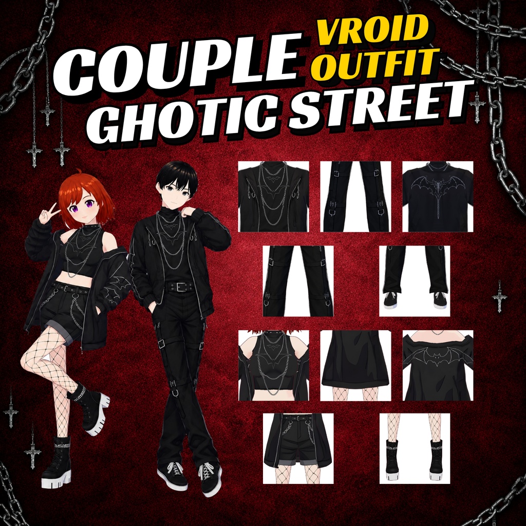 Couple VRoid Gothic Street Outfit | Bat Motif, Chains, VTuber Fashion (Digital Download)