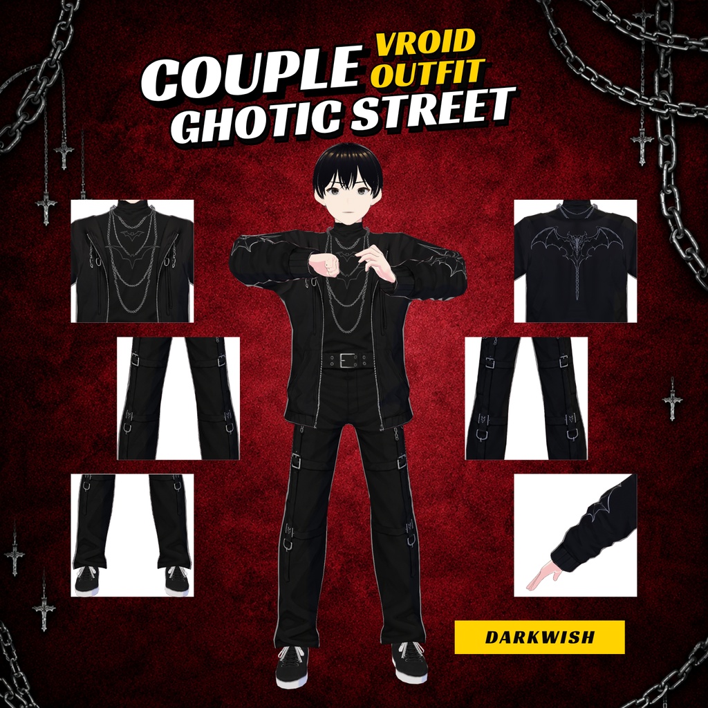 Couple VRoid Gothic Street Outfit | Bat Motif, Chains, VTuber Fashion (Digital Download)