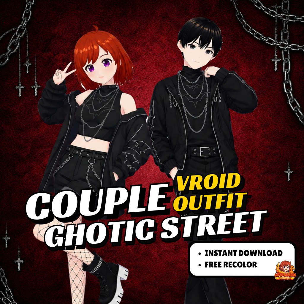 Couple VRoid Gothic Street Outfit | Bat Motif, Chains, VTuber Fashion (Digital Download)