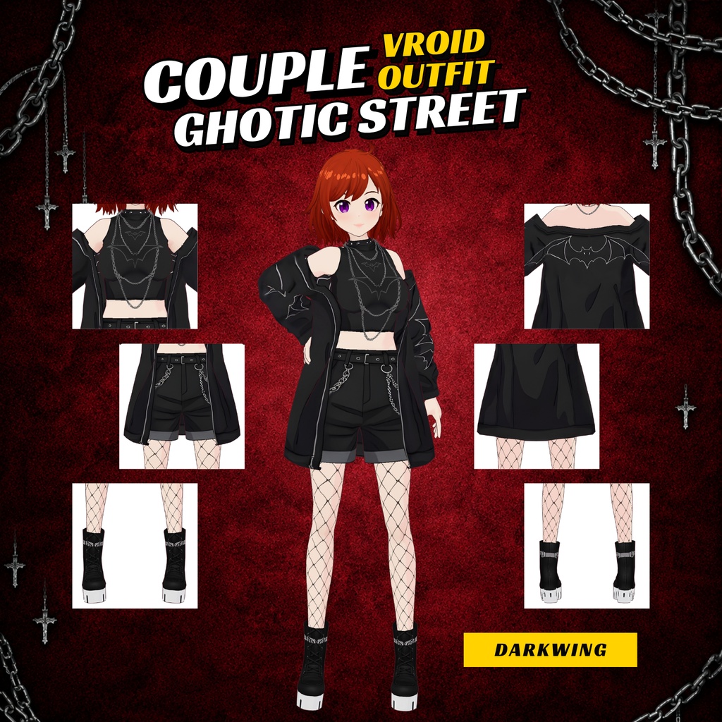 Couple VRoid Gothic Street Outfit | Bat Motif, Chains, VTuber Fashion (Digital Download)