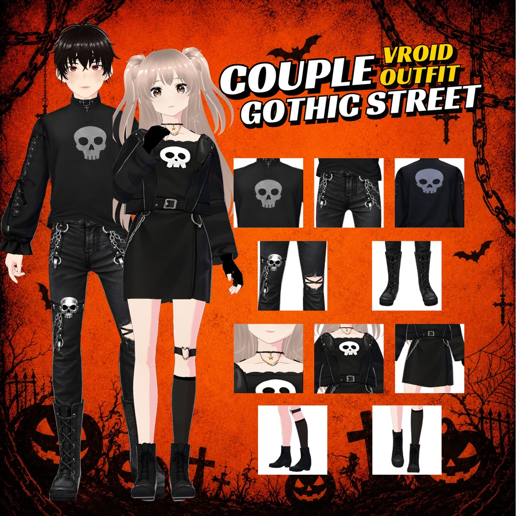 VRoid Halloween Couple Outfit | Cute Gothic Matching Clothes | Dark VTuber Fashion | 3D Custom Outfit for Anime Avatar