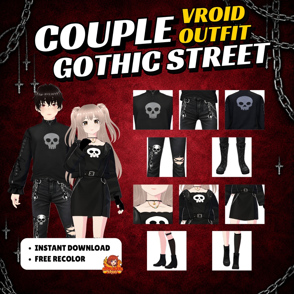 VRoid Halloween Couple Outfit | Cute Gothic Matching Clothes | Dark VTuber Fashion | 3D Custom Outfit for Anime Avatar