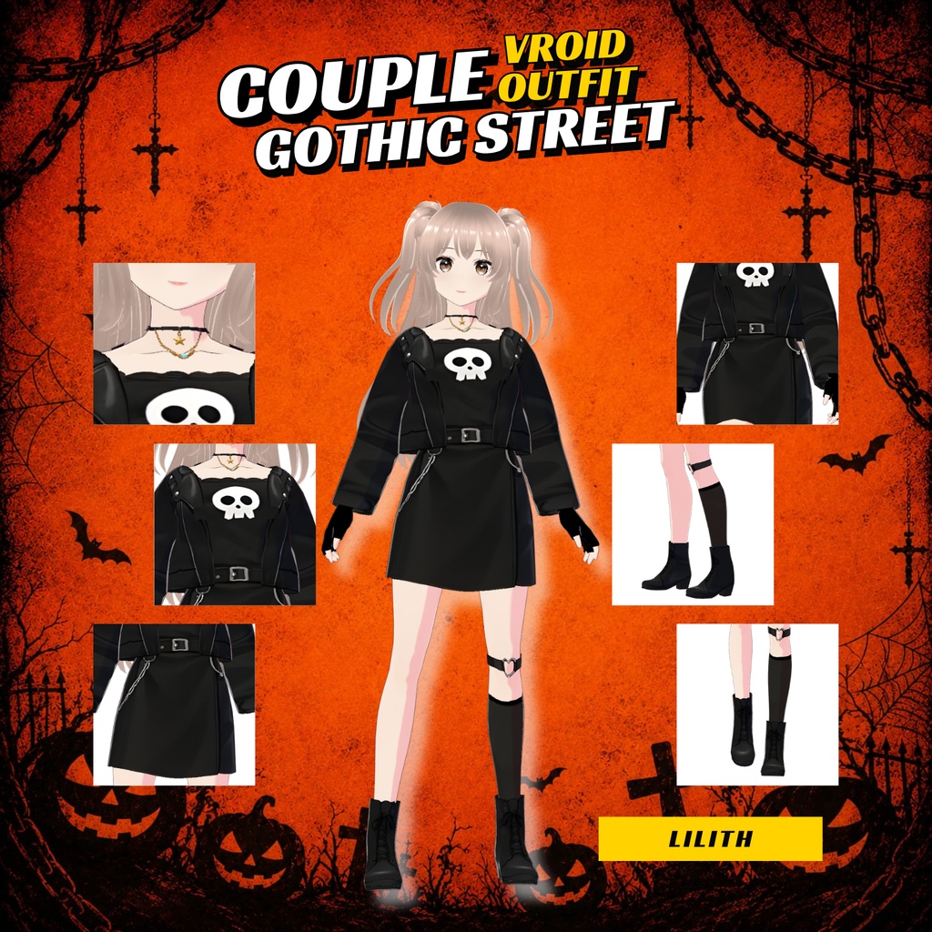 VRoid Halloween Couple Outfit | Cute Gothic Matching Clothes | Dark VTuber Fashion | 3D Custom Outfit for Anime Avatar