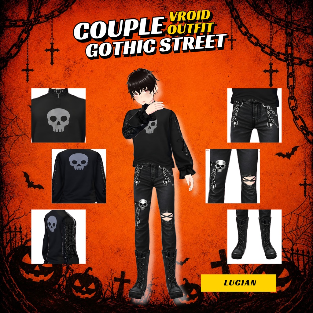 VRoid Halloween Couple Outfit | Cute Gothic Matching Clothes | Dark VTuber Fashion | 3D Custom Outfit for Anime Avatar