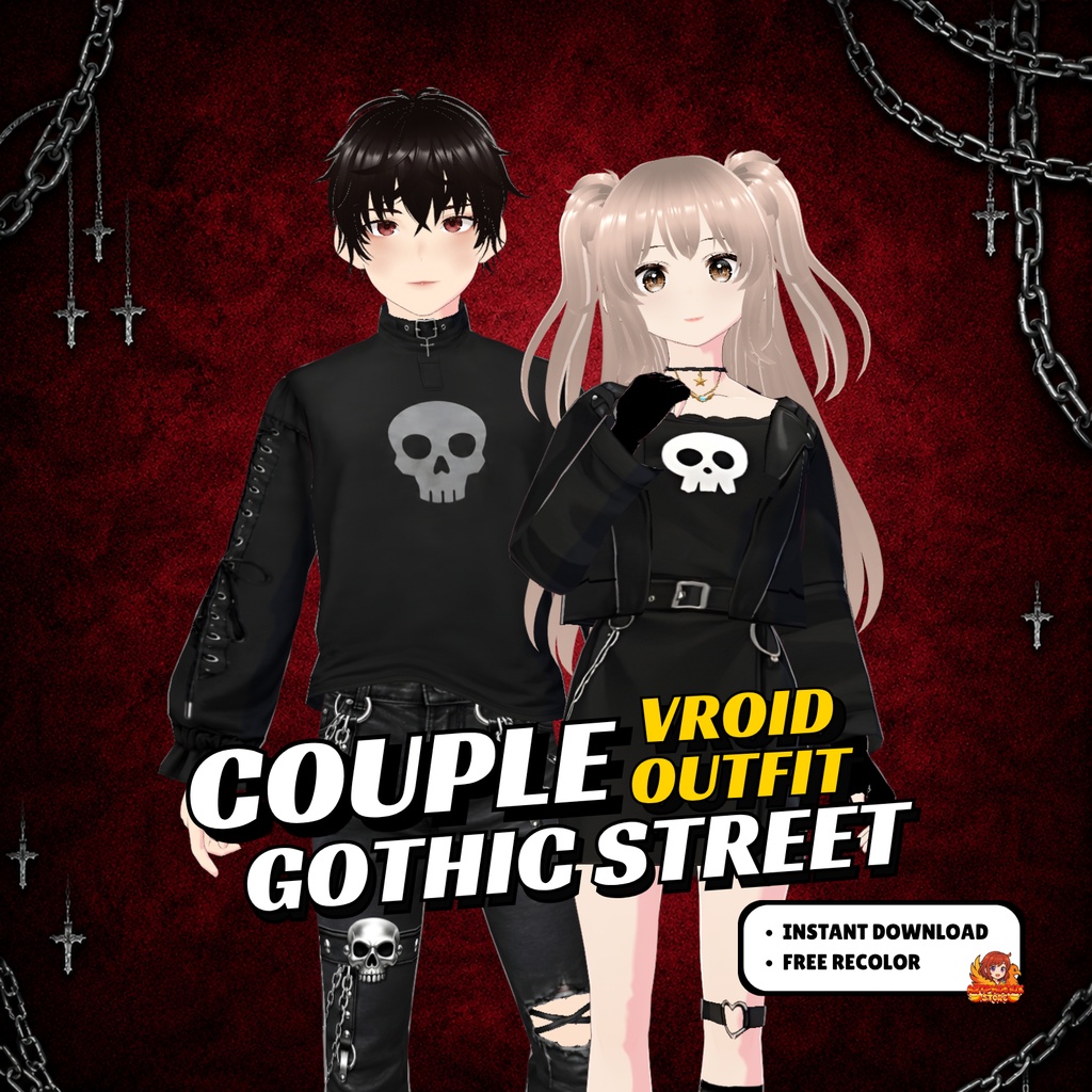 VRoid Halloween Couple Outfit | Cute Gothic Matching Clothes | Dark VTuber Fashion | 3D Custom Outfit for Anime Avatar